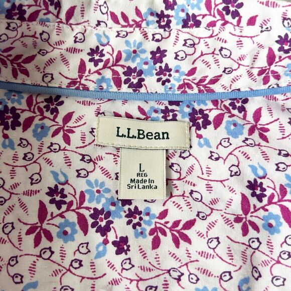 LL Bean Purple Blue White Floral Button-Front Shirt Long Sleeve-Women's Large - Picture 7 of 13